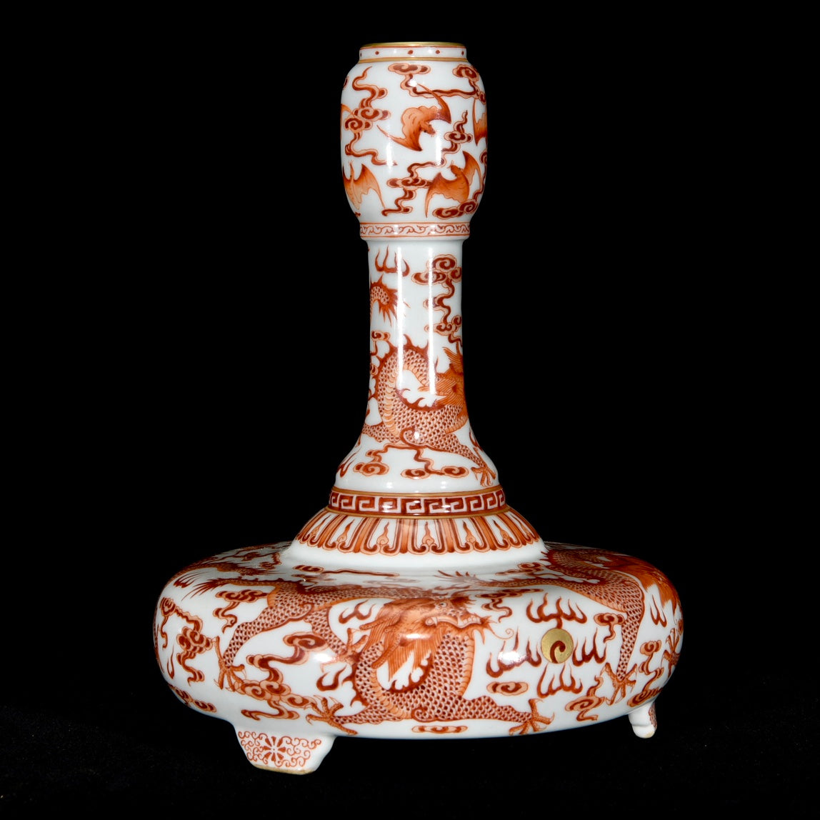 A1196 Chinese Qing Dynasty Gilt Edge Iron Red Glaze Fortune Dragon Design Porcelain Vase