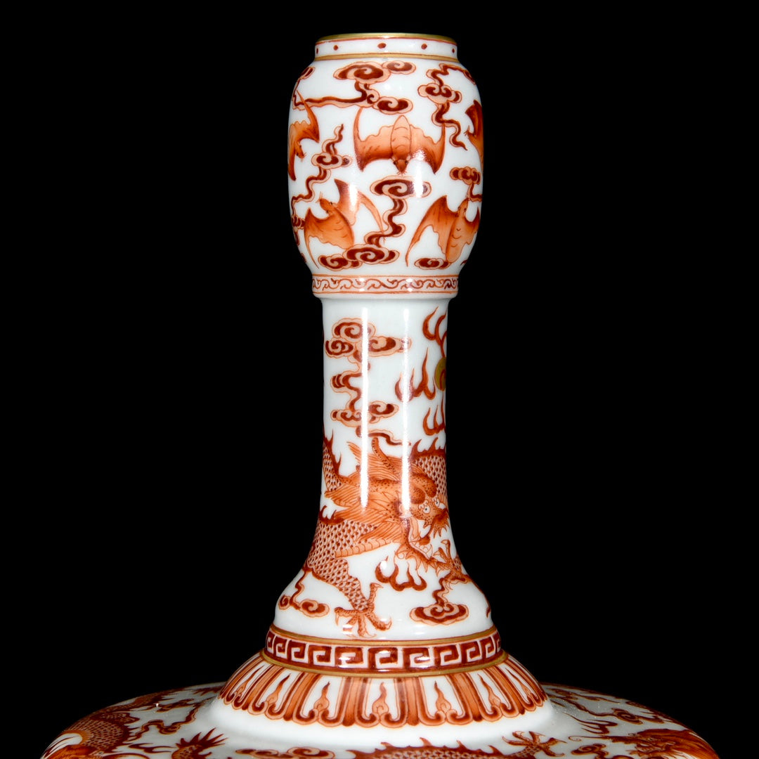 A1196 Chinese Qing Dynasty Gilt Edge Iron Red Glaze Fortune Dragon Design Porcelain Vase