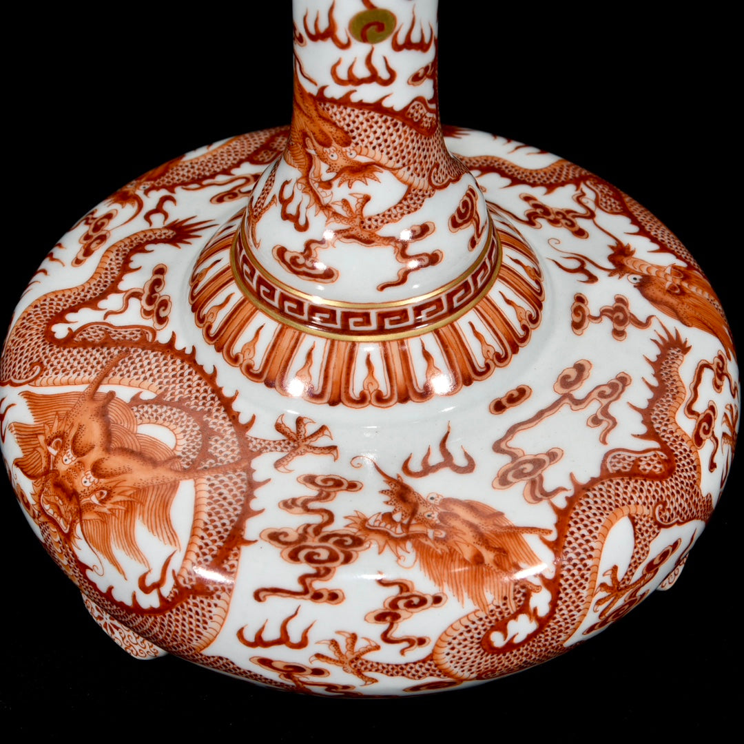 A1196 Chinese Qing Dynasty Gilt Edge Iron Red Glaze Fortune Dragon Design Porcelain Vase