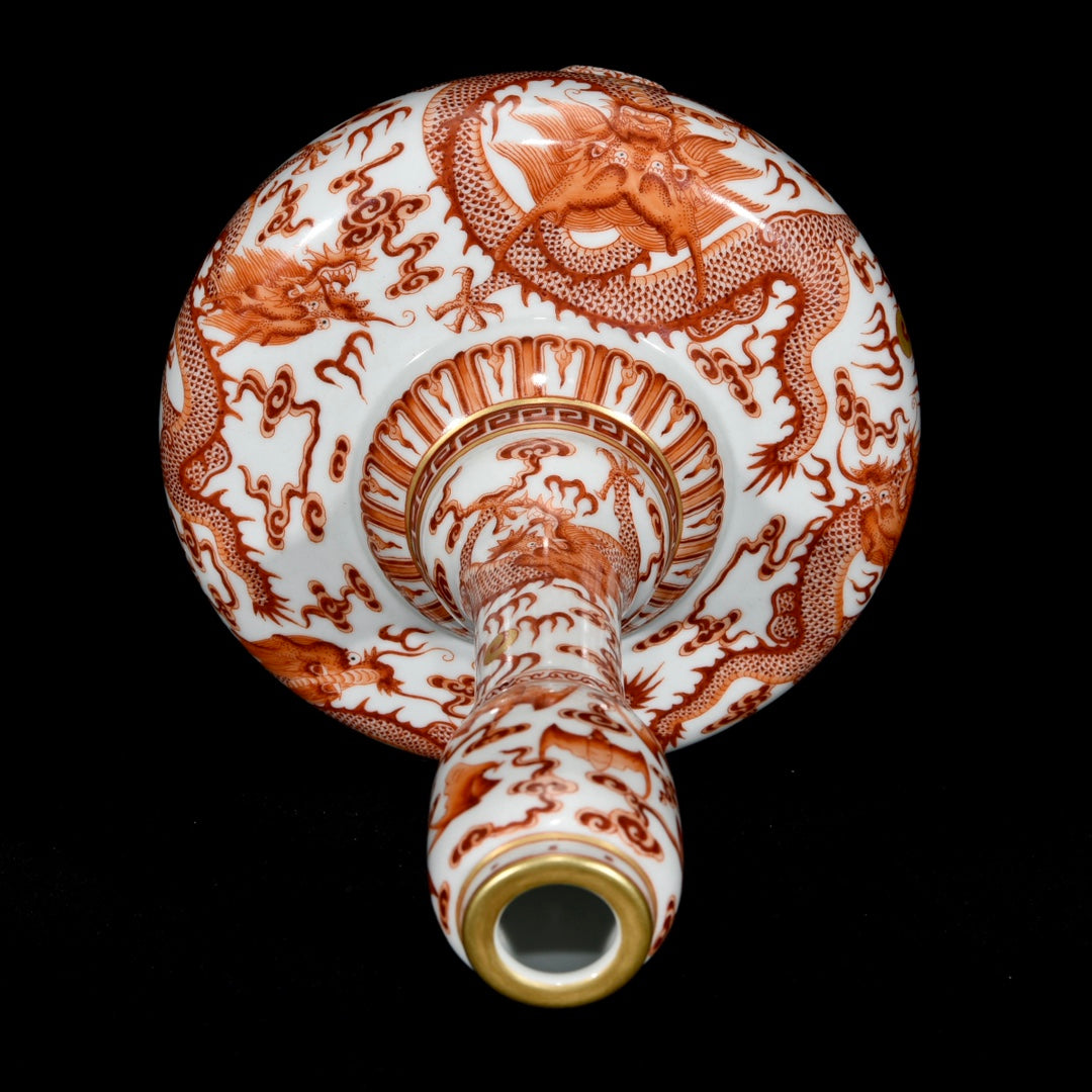 A1196 Chinese Qing Dynasty Gilt Edge Iron Red Glaze Fortune Dragon Design Porcelain Vase