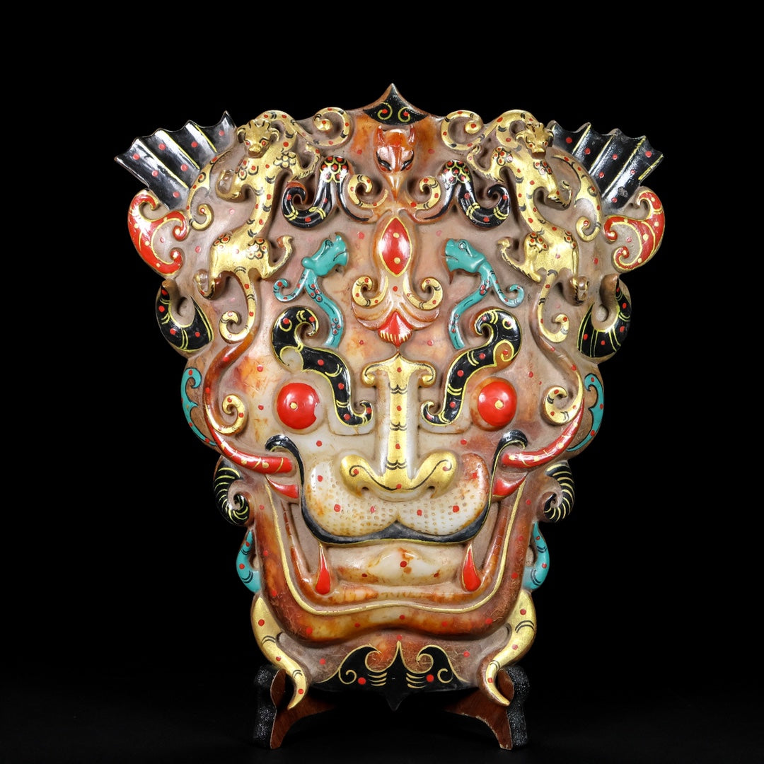A1198 Superb Old Chinese Hetian Jade Colored Drawing Beast Face Statue