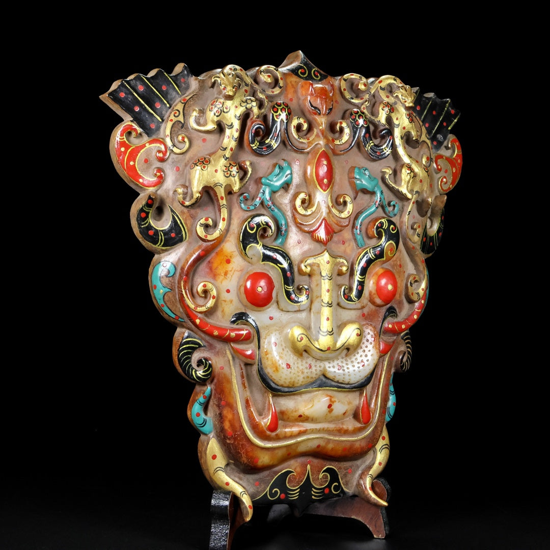 A1198 Superb Old Chinese Hetian Jade Colored Drawing Beast Face Statue