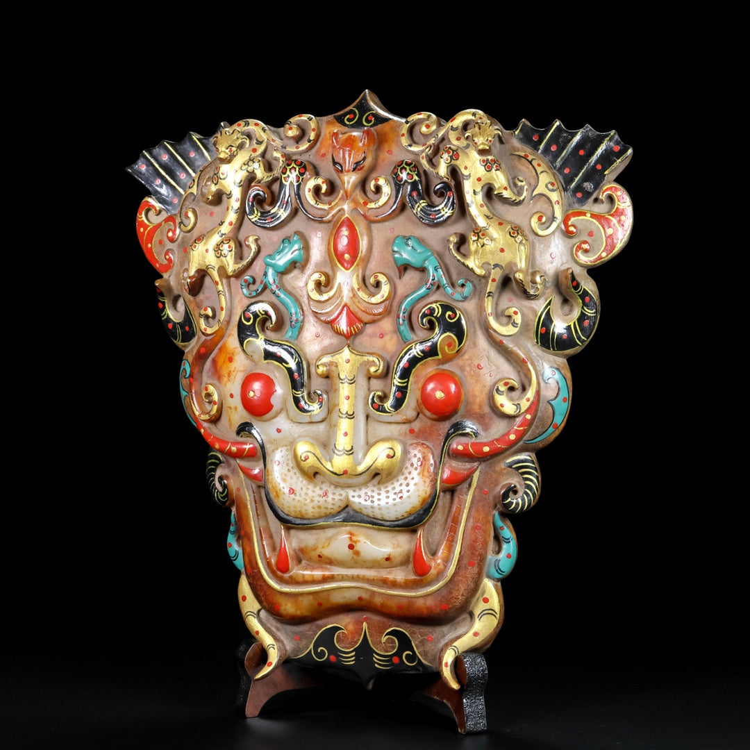 A1198 Superb Old Chinese Hetian Jade Colored Drawing Beast Face Statue
