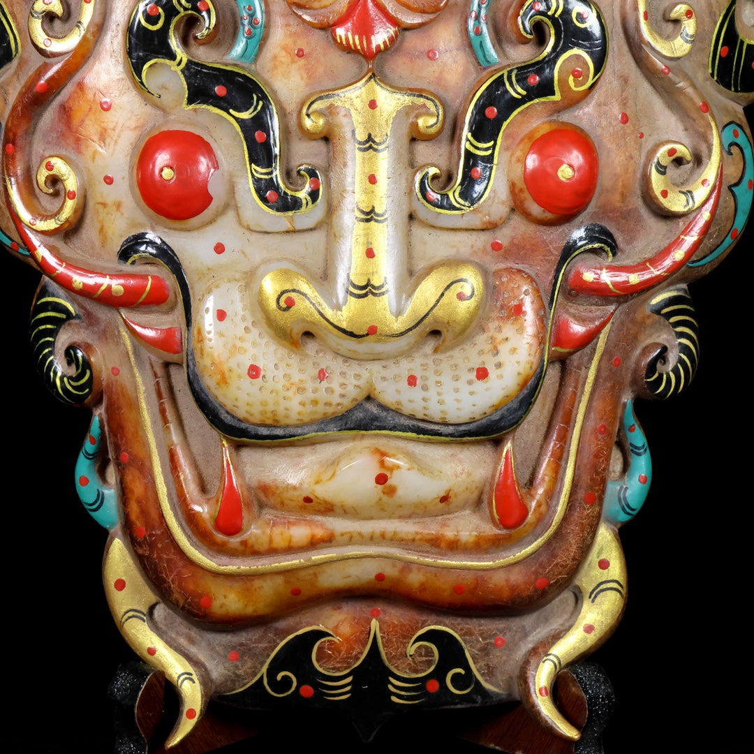 A1198 Superb Old Chinese Hetian Jade Colored Drawing Beast Face Statue