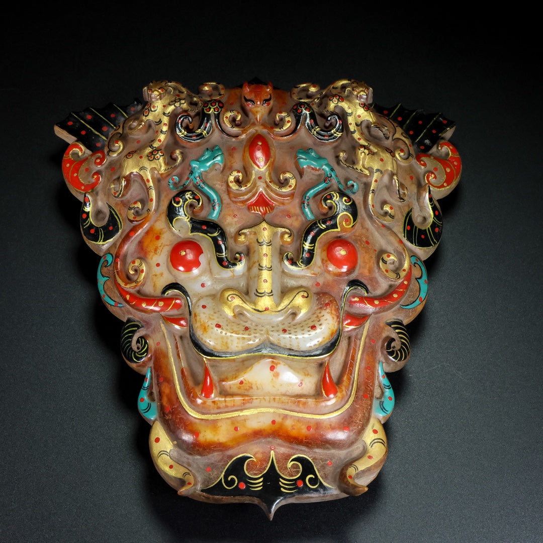 A1198 Superb Old Chinese Hetian Jade Colored Drawing Beast Face Statue
