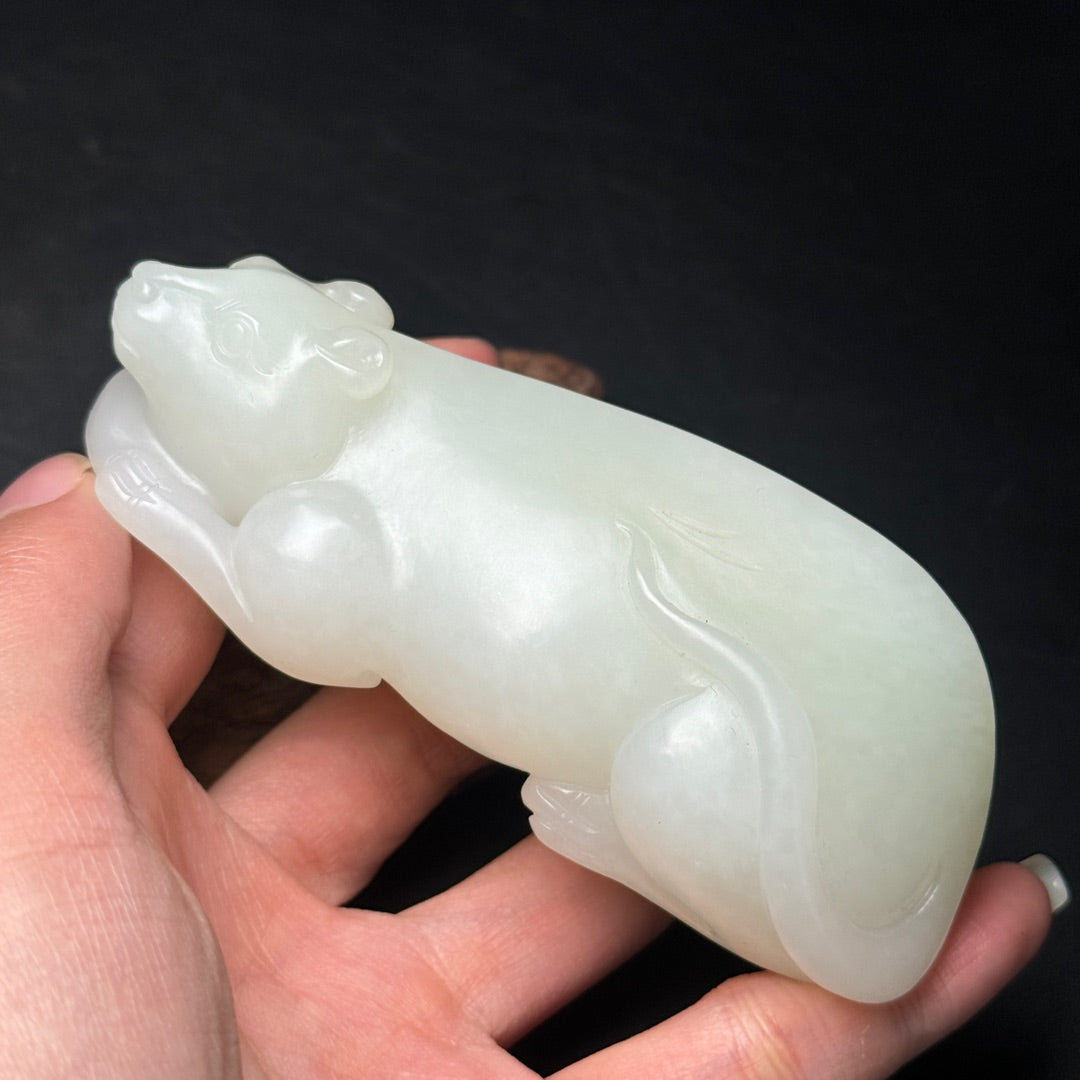 A1199 Chinese Natural White Hetian Jade Carved Fortune Mouse Statue