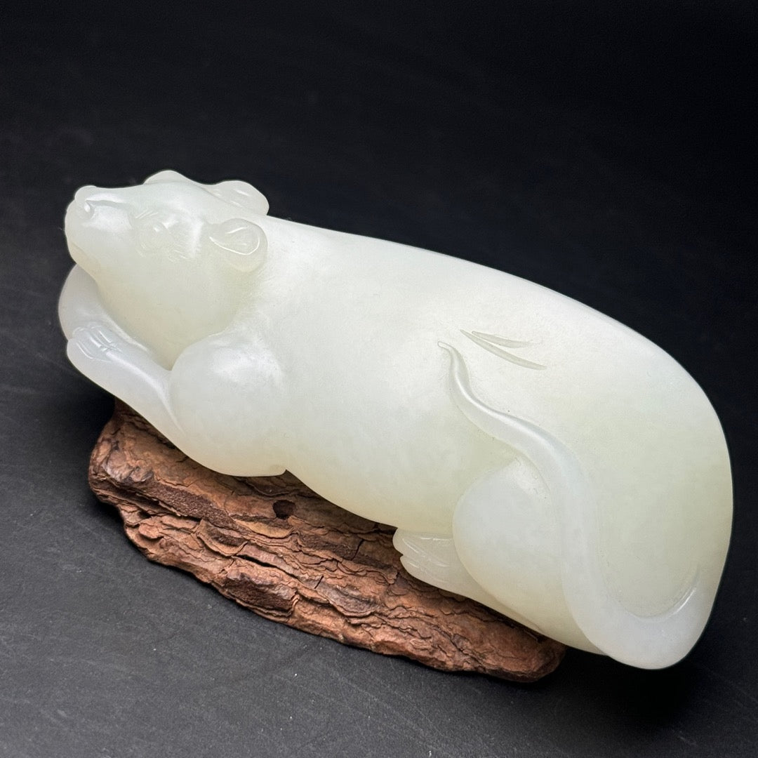 A1199 Chinese Natural White Hetian Jade Carved Fortune Mouse Statue