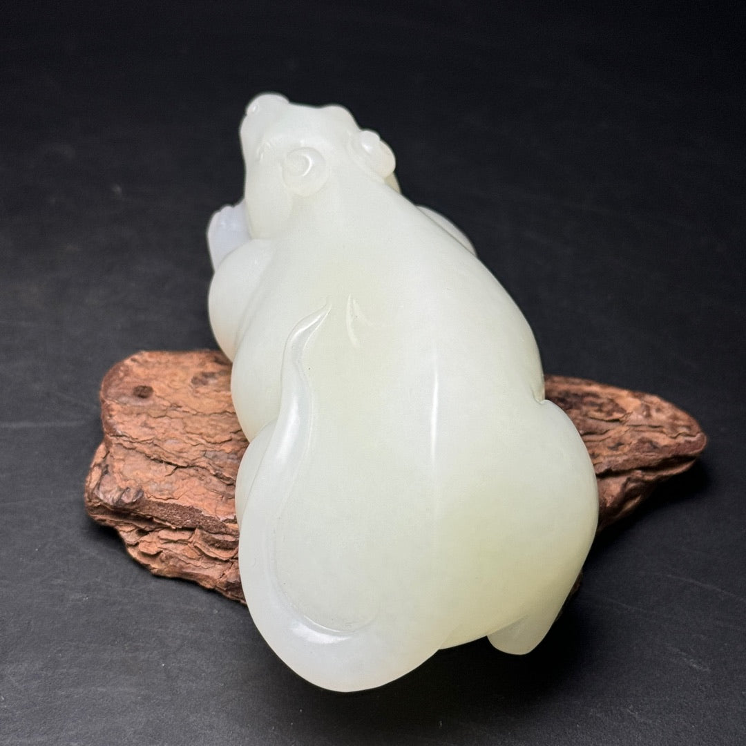 A1199 Chinese Natural White Hetian Jade Carved Fortune Mouse Statue