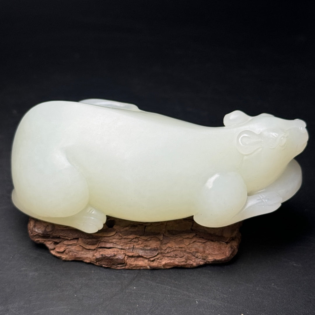 A1199 Chinese Natural White Hetian Jade Carved Fortune Mouse Statue