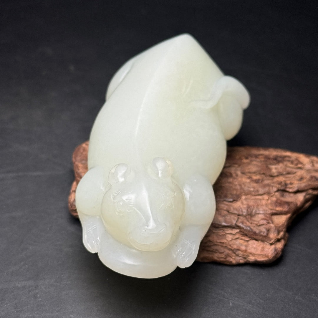A1199 Chinese Natural White Hetian Jade Carved Fortune Mouse Statue