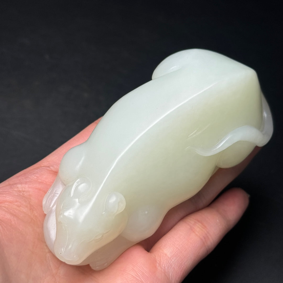 A1199 Chinese Natural White Hetian Jade Carved Fortune Mouse Statue