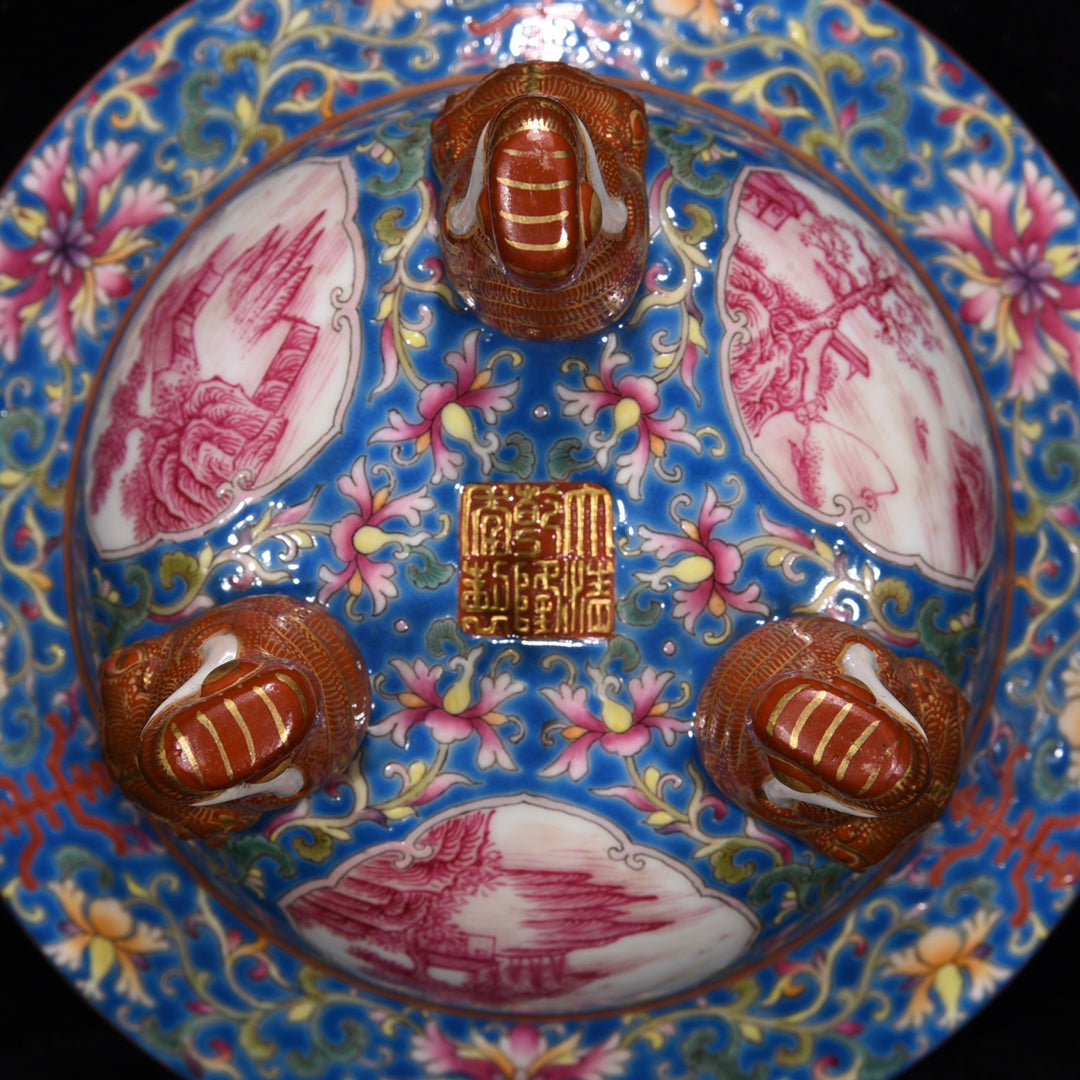 A1200 Chinese Qing Dynasty Gilt Gold Famille Rose Flowers Design Porcelain Incense Burner