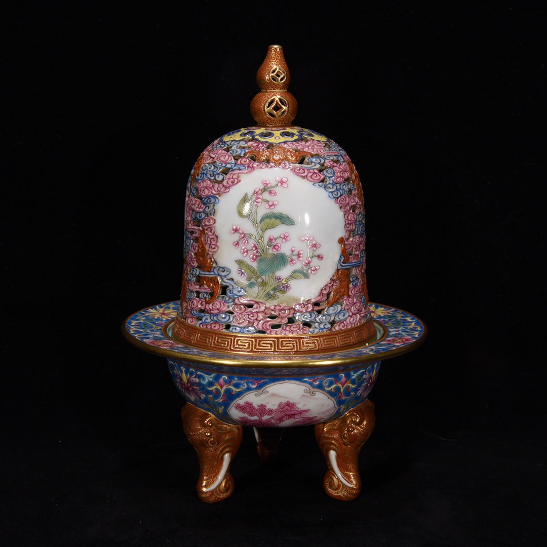 A1200 Chinese Qing Dynasty Gilt Gold Famille Rose Flowers Design Porcelain Incense Burner