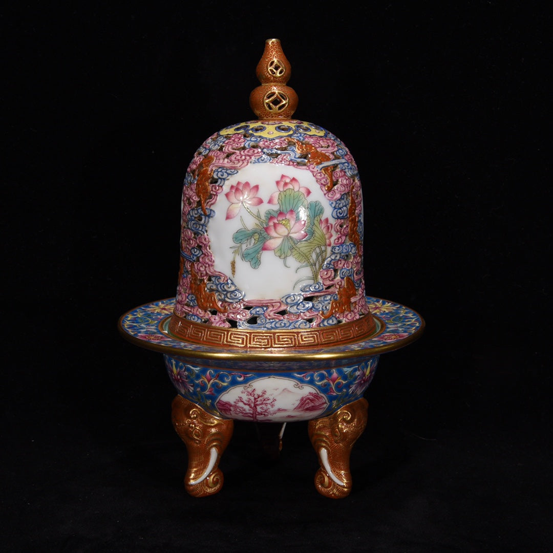 A1200 Chinese Qing Dynasty Gilt Gold Famille Rose Flowers Design Porcelain Incense Burner