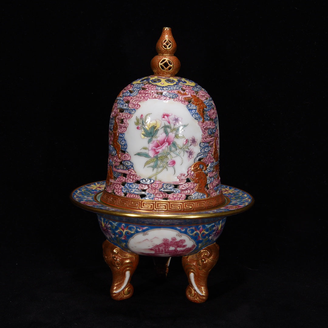 A1200 Chinese Qing Dynasty Gilt Gold Famille Rose Flowers Design Porcelain Incense Burner