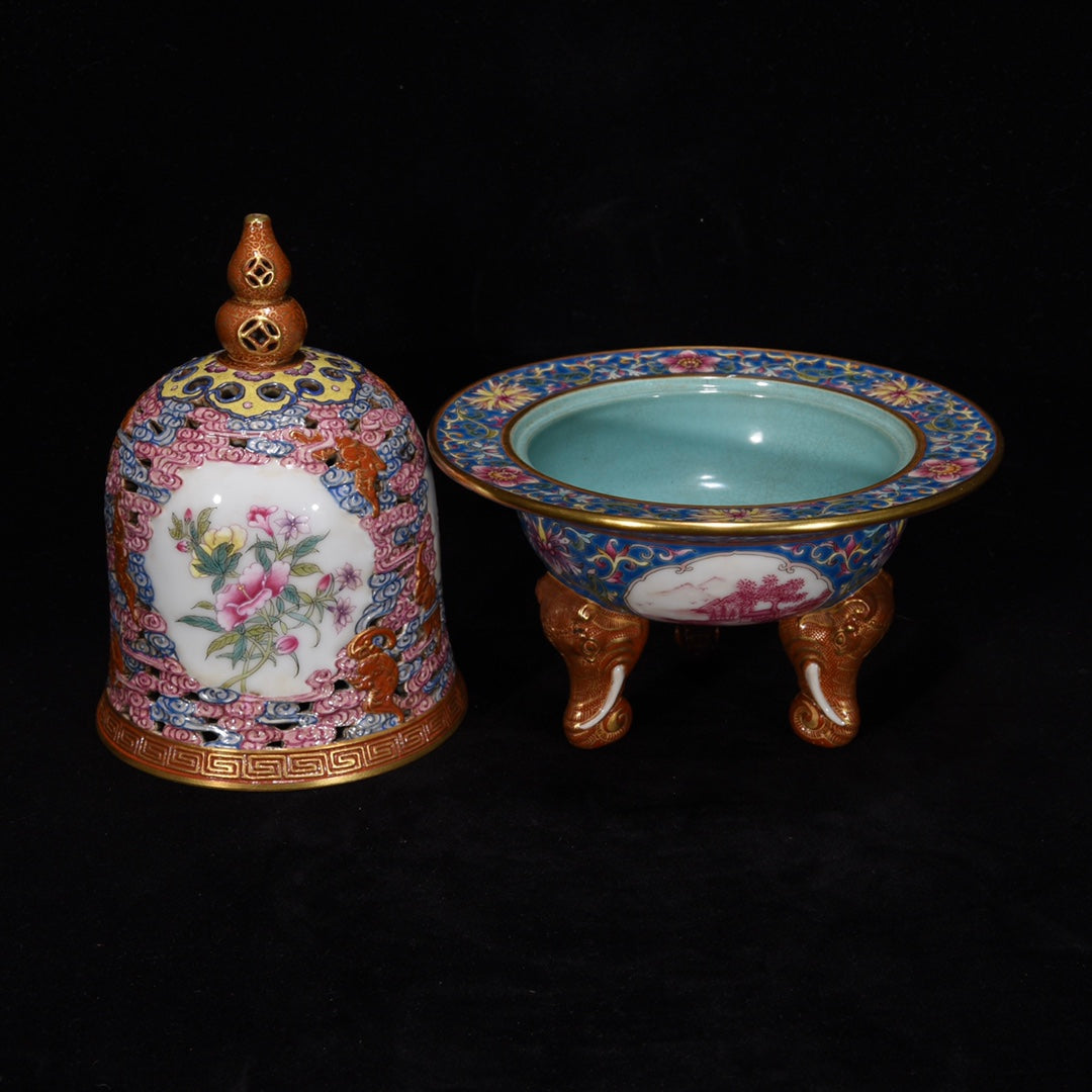 A1200 Chinese Qing Dynasty Gilt Gold Famille Rose Flowers Design Porcelain Incense Burner