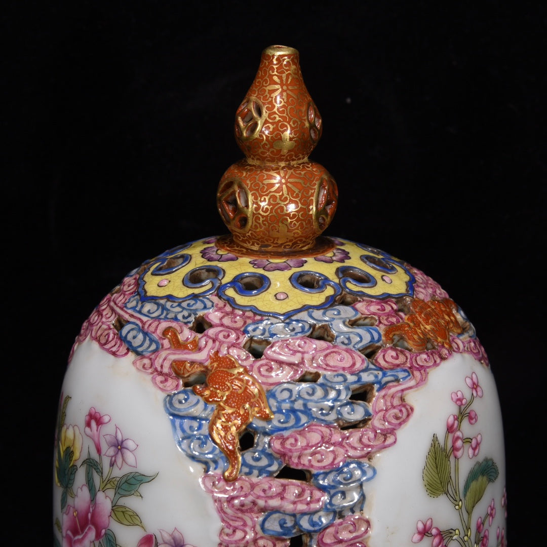 A1200 Chinese Qing Dynasty Gilt Gold Famille Rose Flowers Design Porcelain Incense Burner