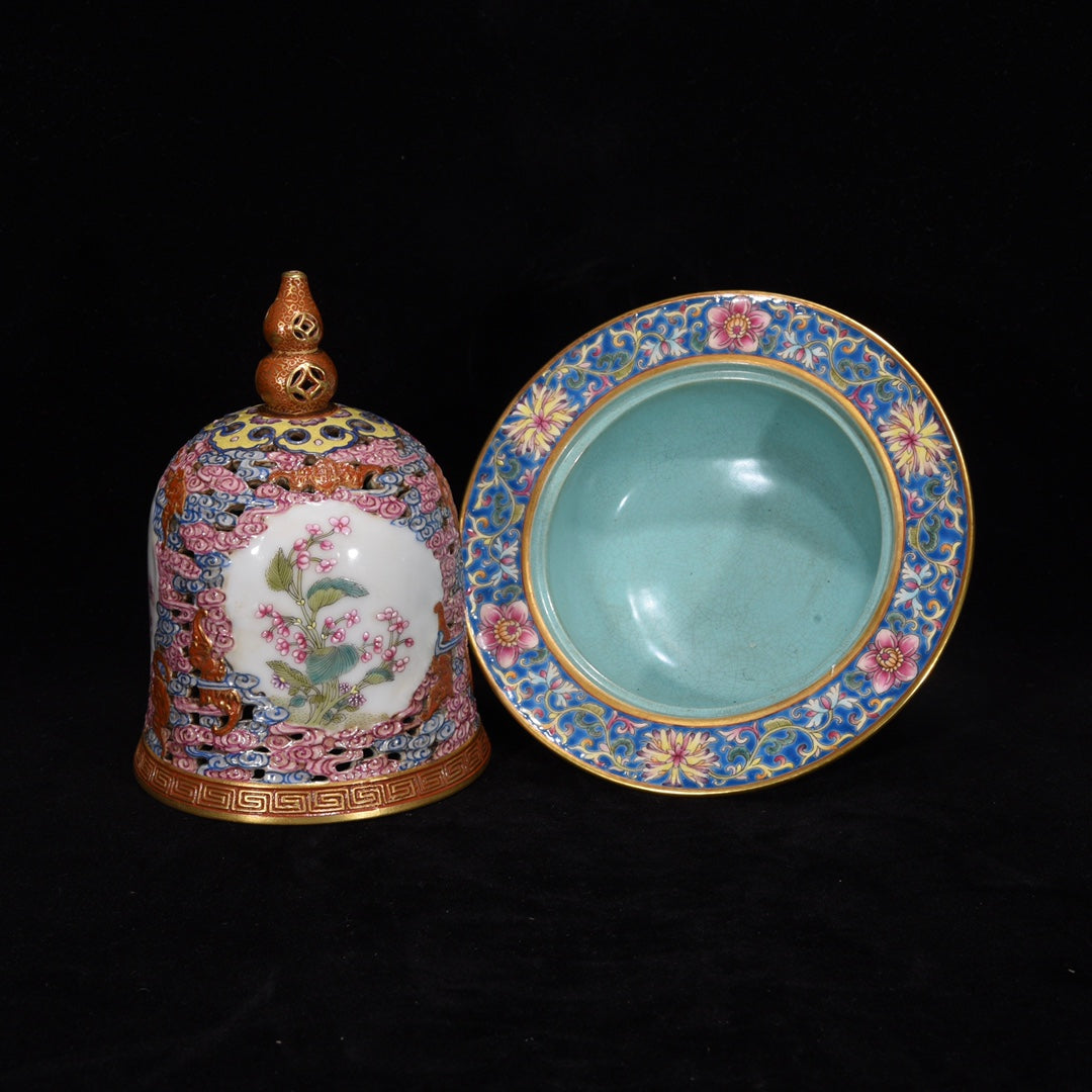A1200 Chinese Qing Dynasty Gilt Gold Famille Rose Flowers Design Porcelain Incense Burner