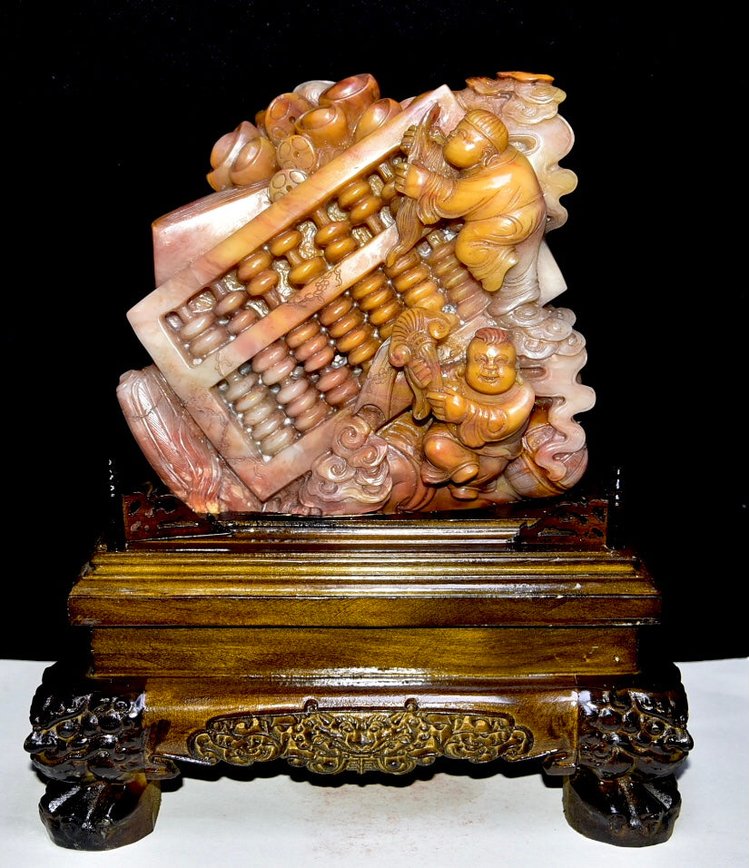 A1209 Superb Chinese Shoushan Stone Carved Abacus & Urchin Statue