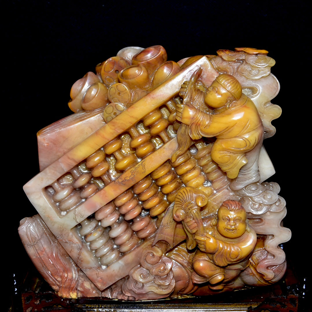 A1209 Superb Chinese Shoushan Stone Carved Abacus & Urchin Statue