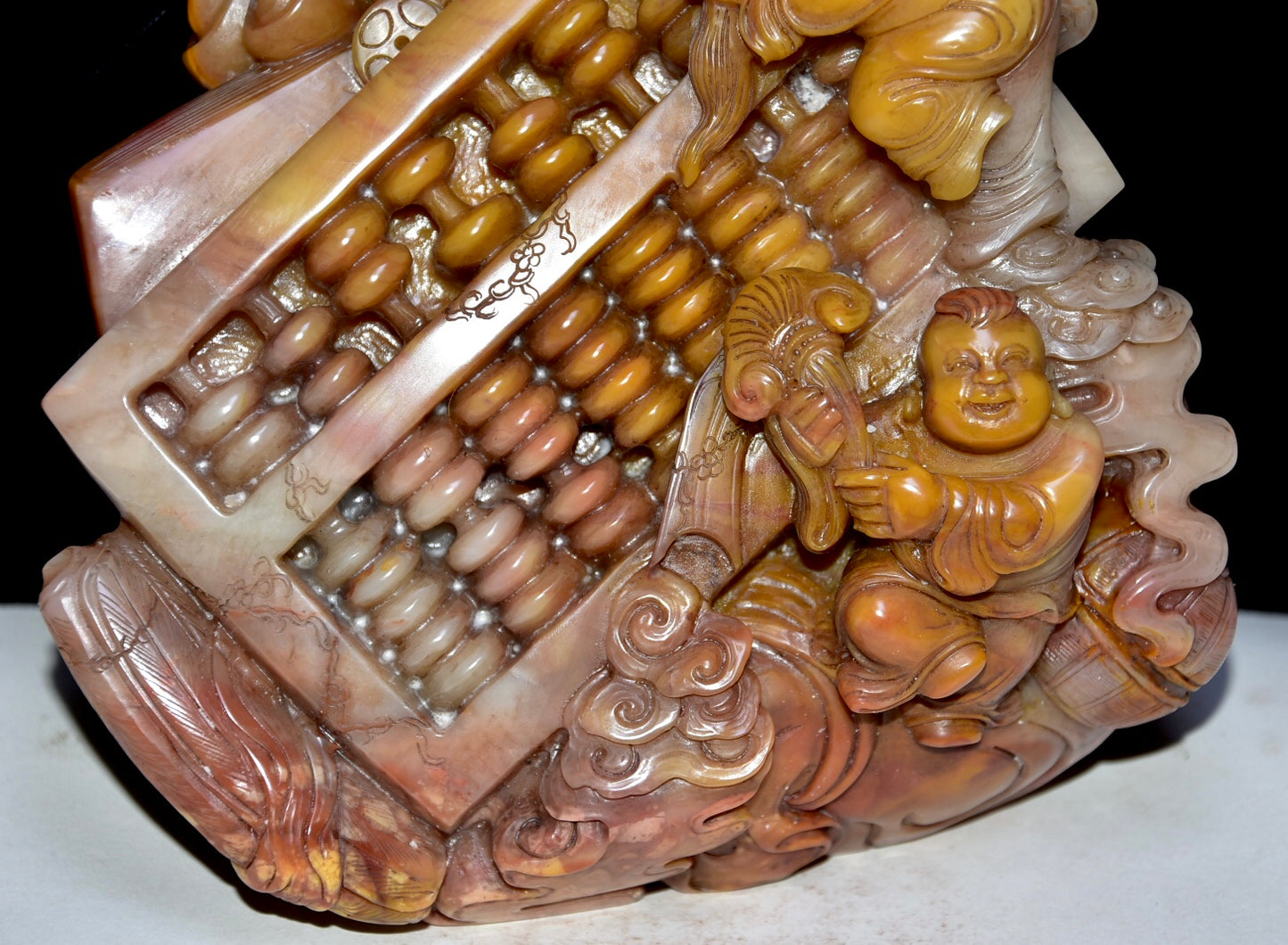 A1209 Superb Chinese Shoushan Stone Carved Abacus & Urchin Statue
