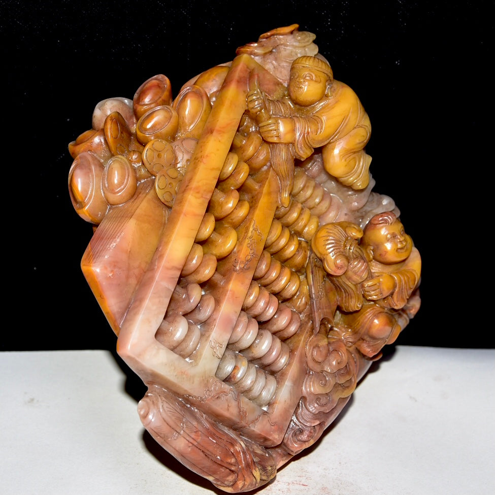 A1209 Superb Chinese Shoushan Stone Carved Abacus & Urchin Statue