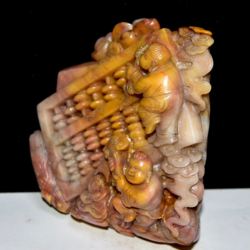 A1209 Superb Chinese Shoushan Stone Carved Abacus & Urchin Statue