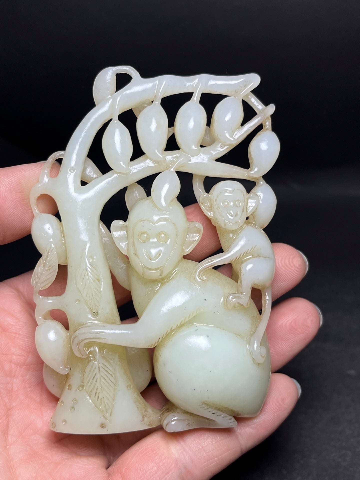 A1213 Openwork Chinese Hetian Jade Carved Monkey Statue