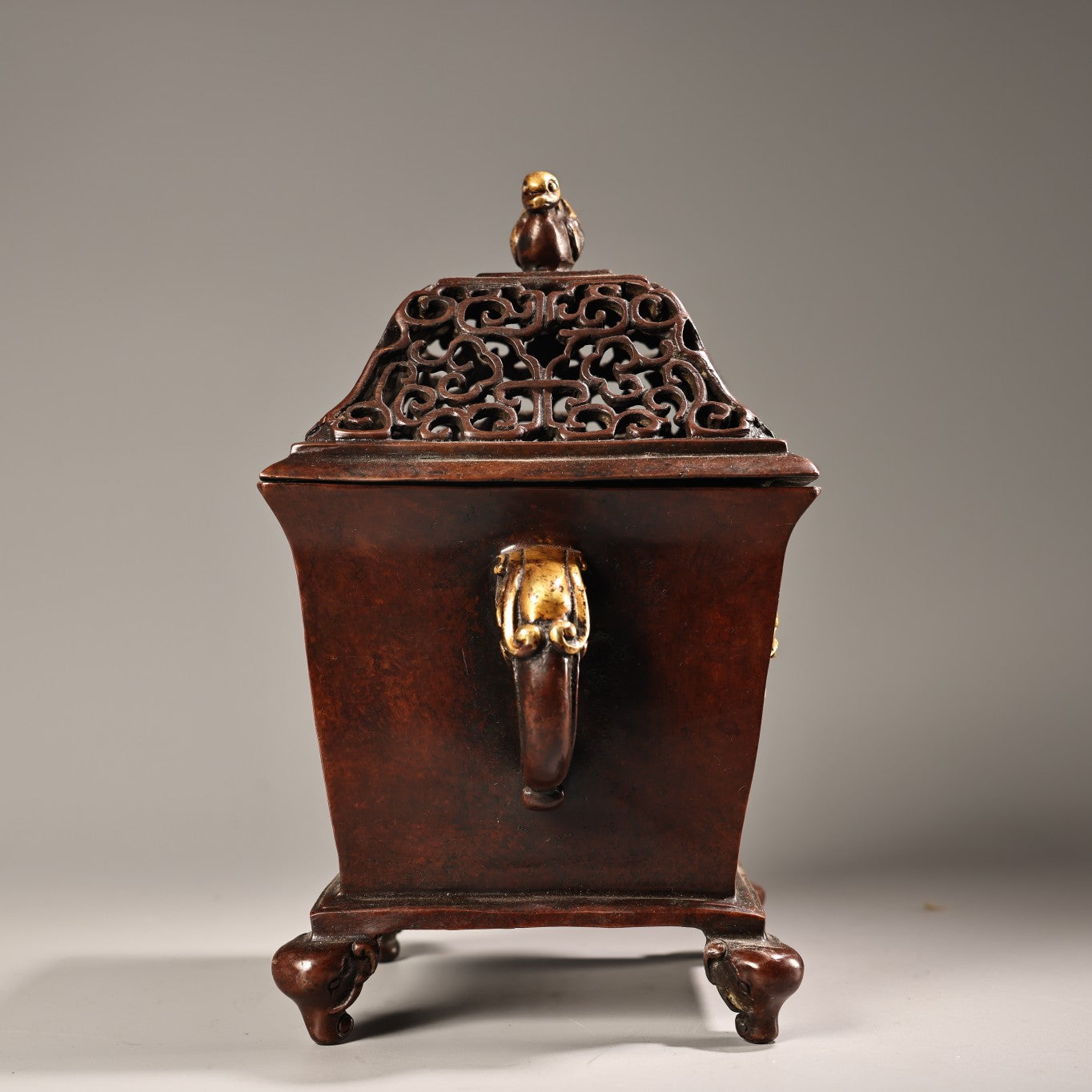 A1215 Vintage Chinese Gilt Gold Copper Double Ear Incense Burner