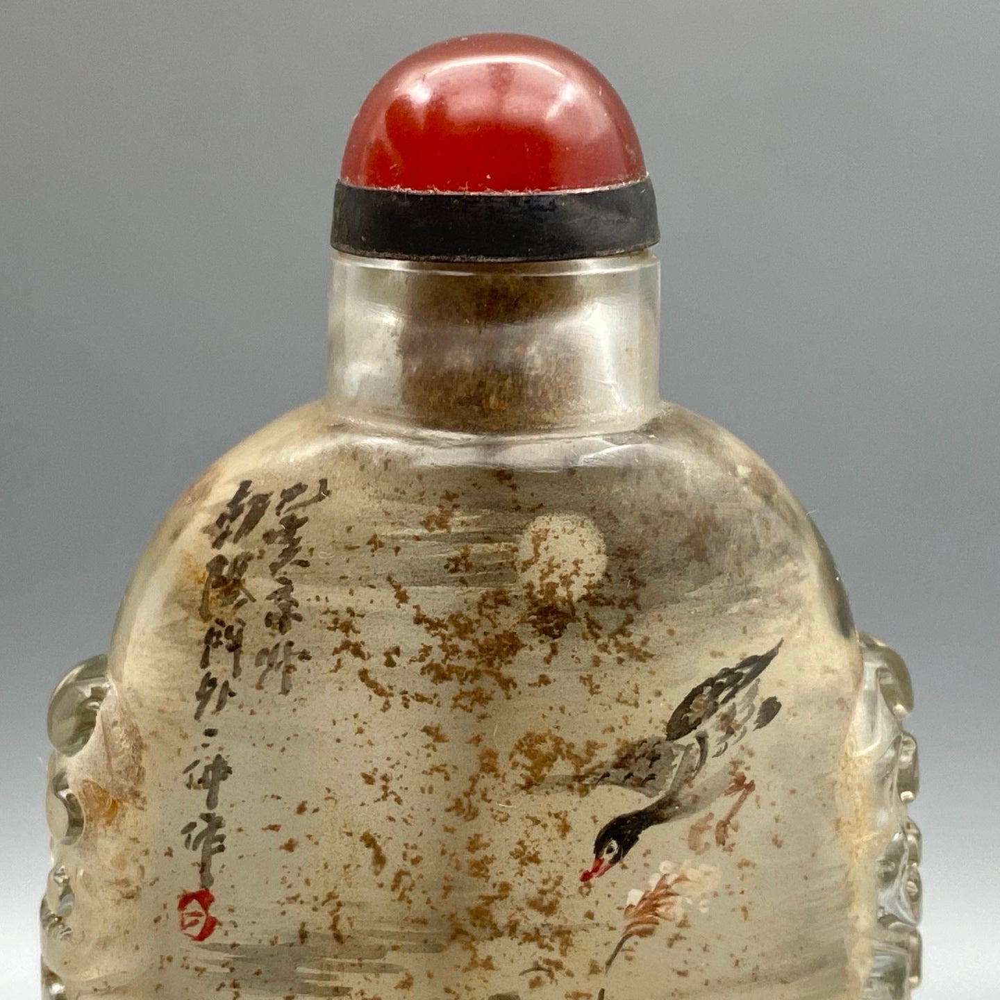 A1220 Old Chinese Peking Glass Inside Painting Wild Geese Design Snuff Bottle w Stopper