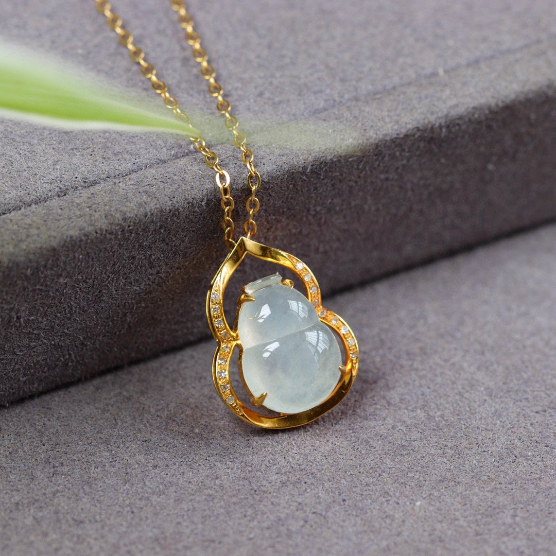 A1222 Exquisite 18K Gold Inlay Jadeite Carved Gourd Pendant