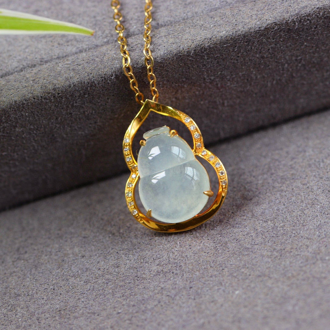 A1222 Exquisite 18K Gold Inlay Jadeite Carved Gourd Pendant