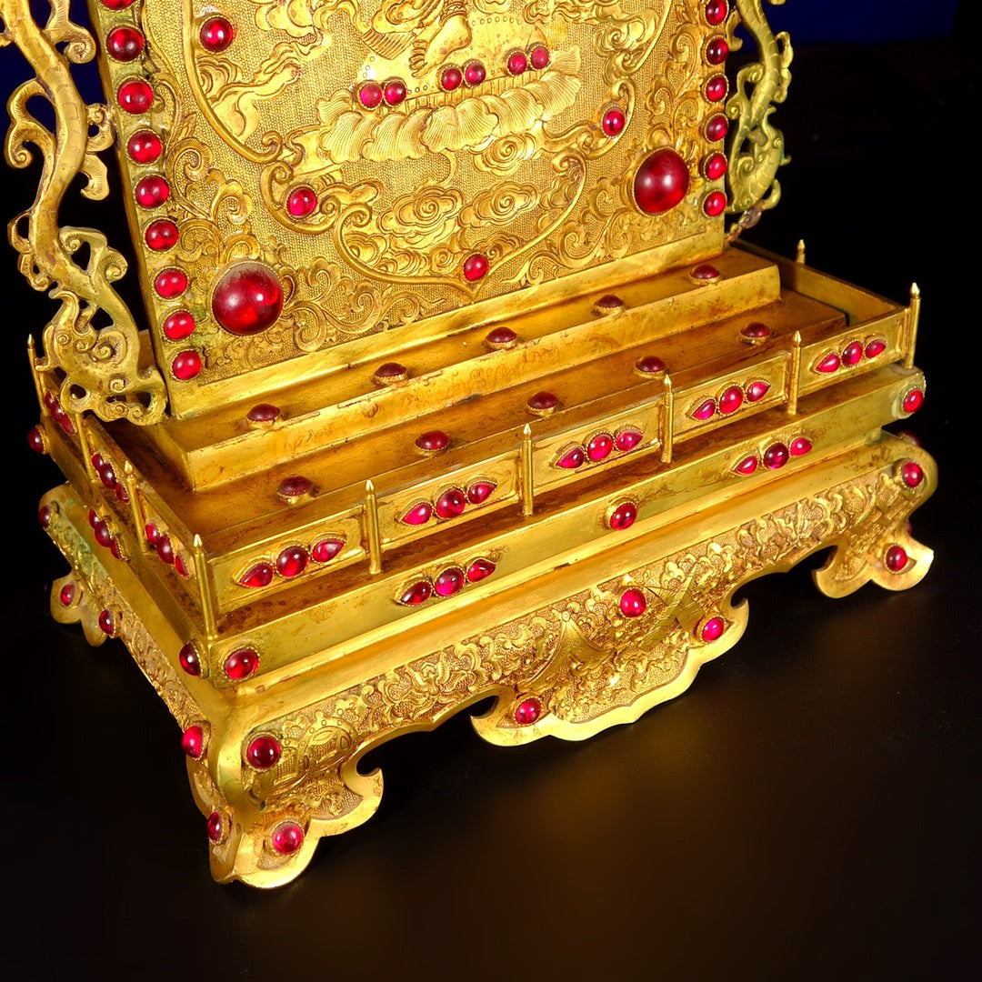 A1223 Vintage Chinese Gilt Gold Copper Inlay Gems Buddha Screen