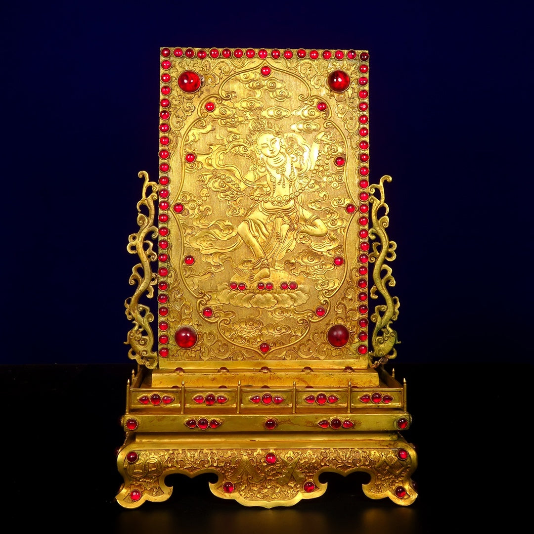 A1223 Vintage Chinese Gilt Gold Copper Inlay Gems Buddha Screen