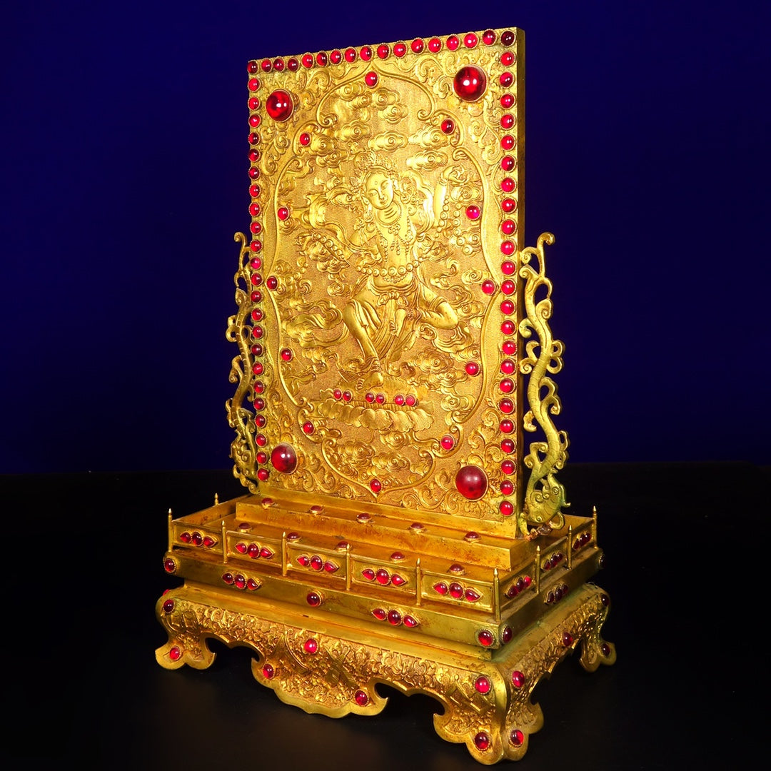 A1223 Vintage Chinese Gilt Gold Copper Inlay Gems Buddha Screen