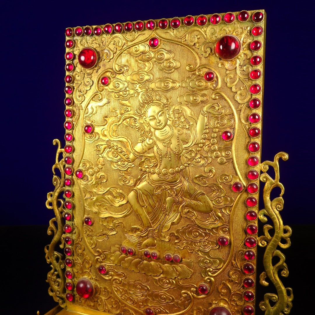 A1223 Vintage Chinese Gilt Gold Copper Inlay Gems Buddha Screen