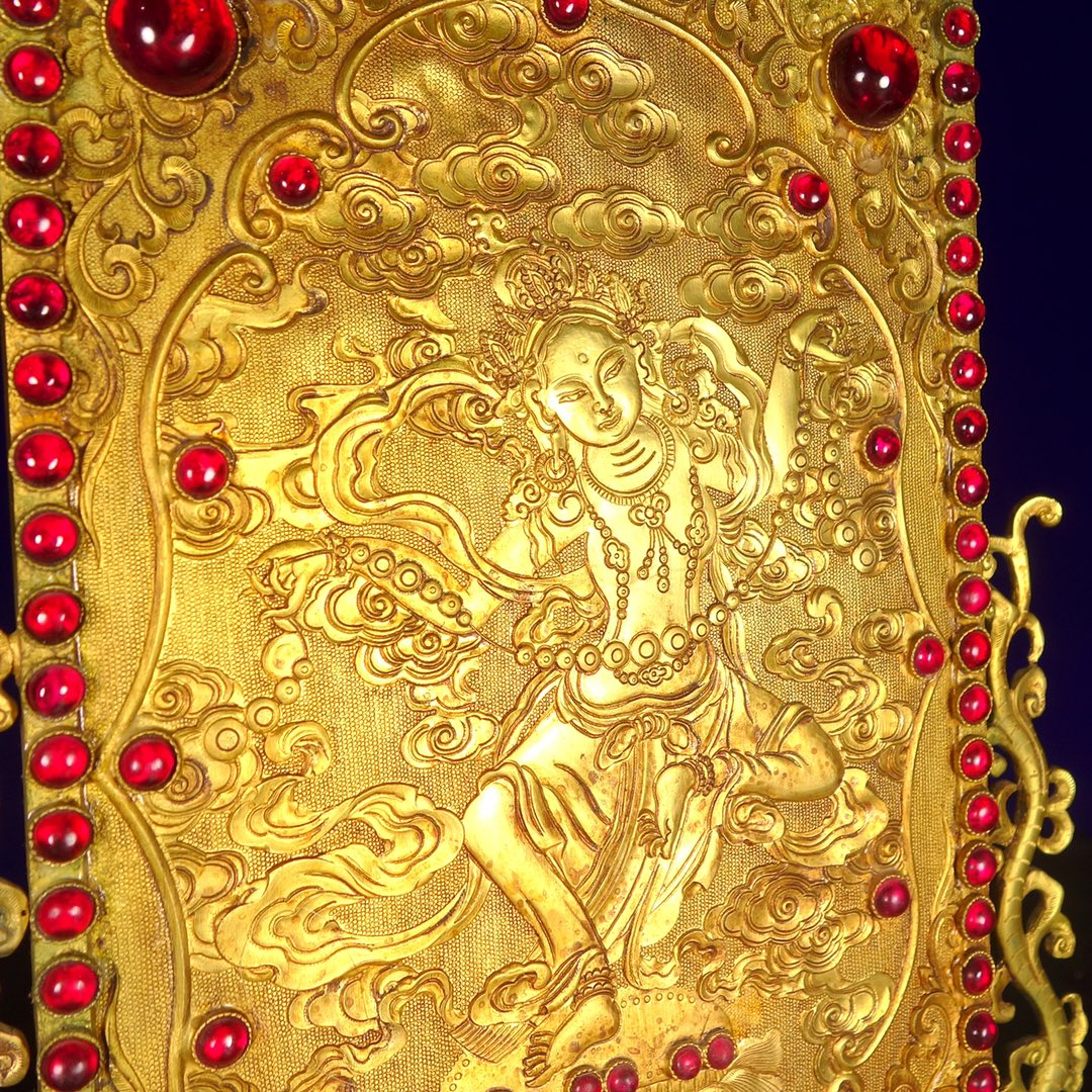A1223 Vintage Chinese Gilt Gold Copper Inlay Gems Buddha Screen