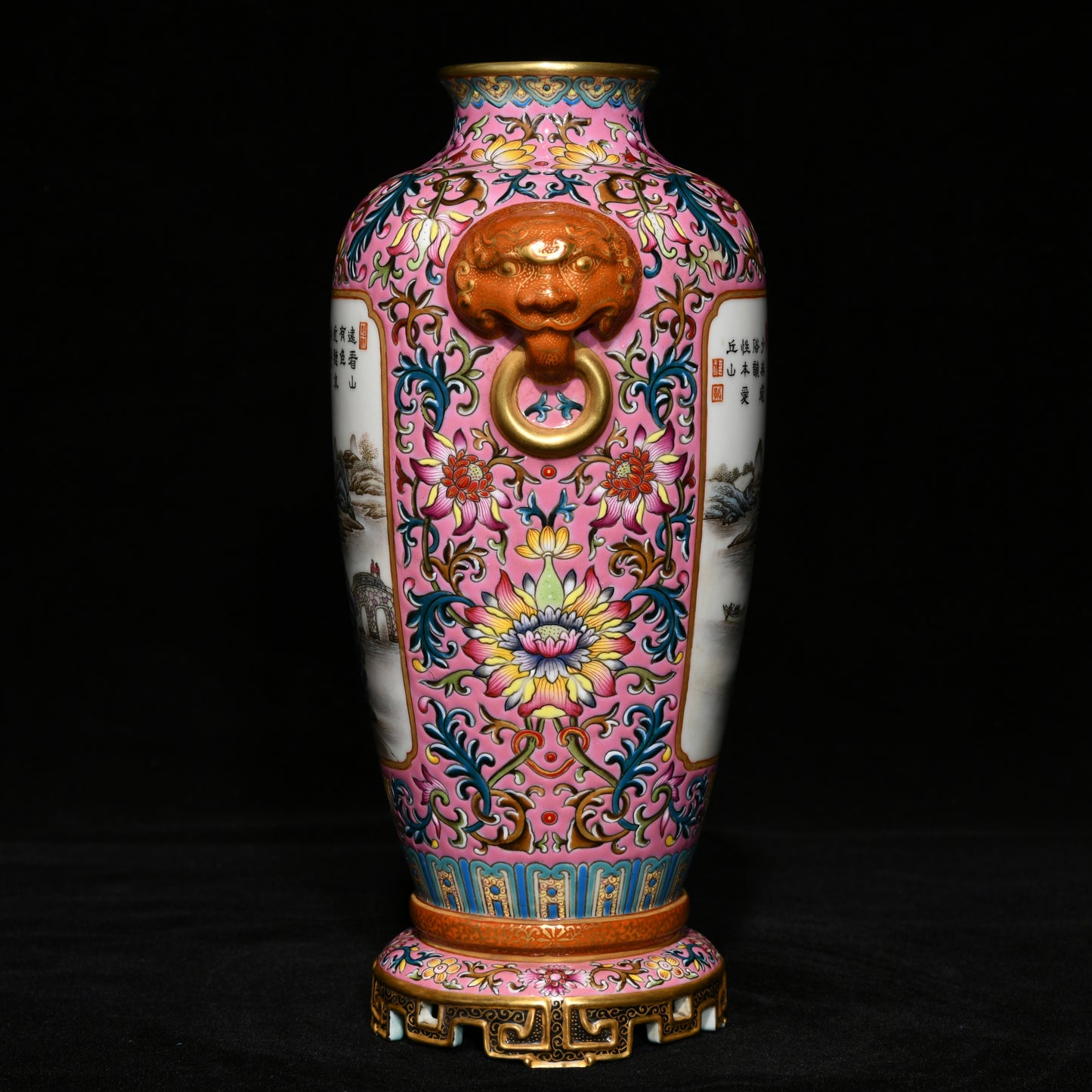 A1225 Chinese Qing Dynasty Gilt Edge Famille Rose Mountain River Scene Design Porcelain Vase