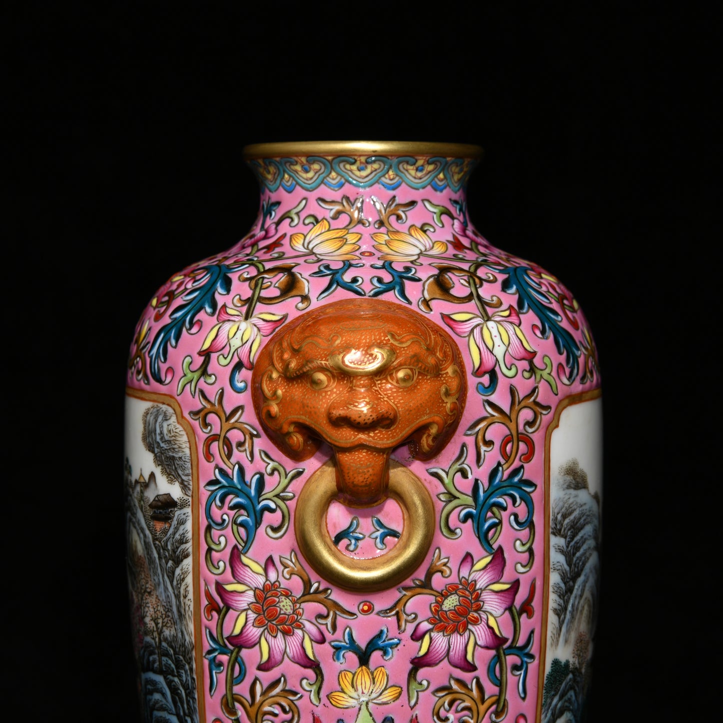 A1225 Chinese Qing Dynasty Gilt Edge Famille Rose Mountain River Scene Design Porcelain Vase
