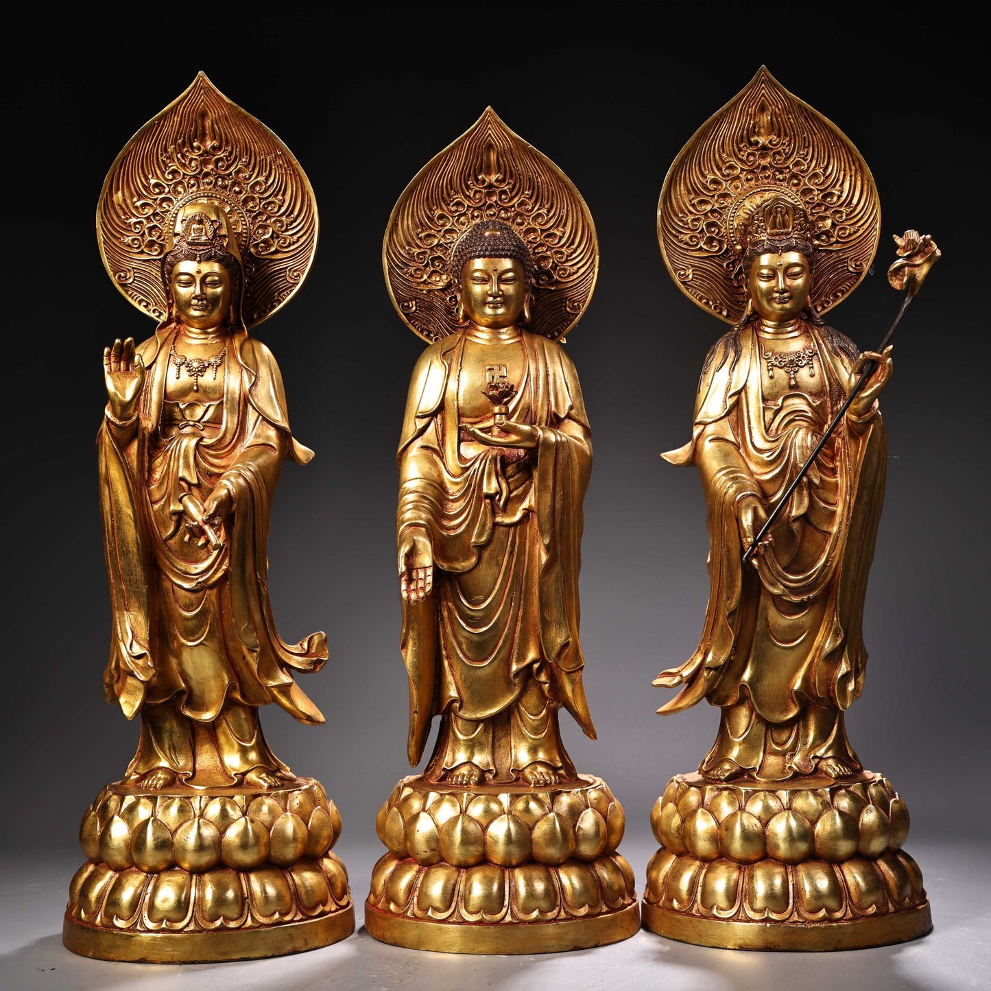 A1226 A Set Chinese Gilt Gold Copper Kwan-yin & Buddha Statues