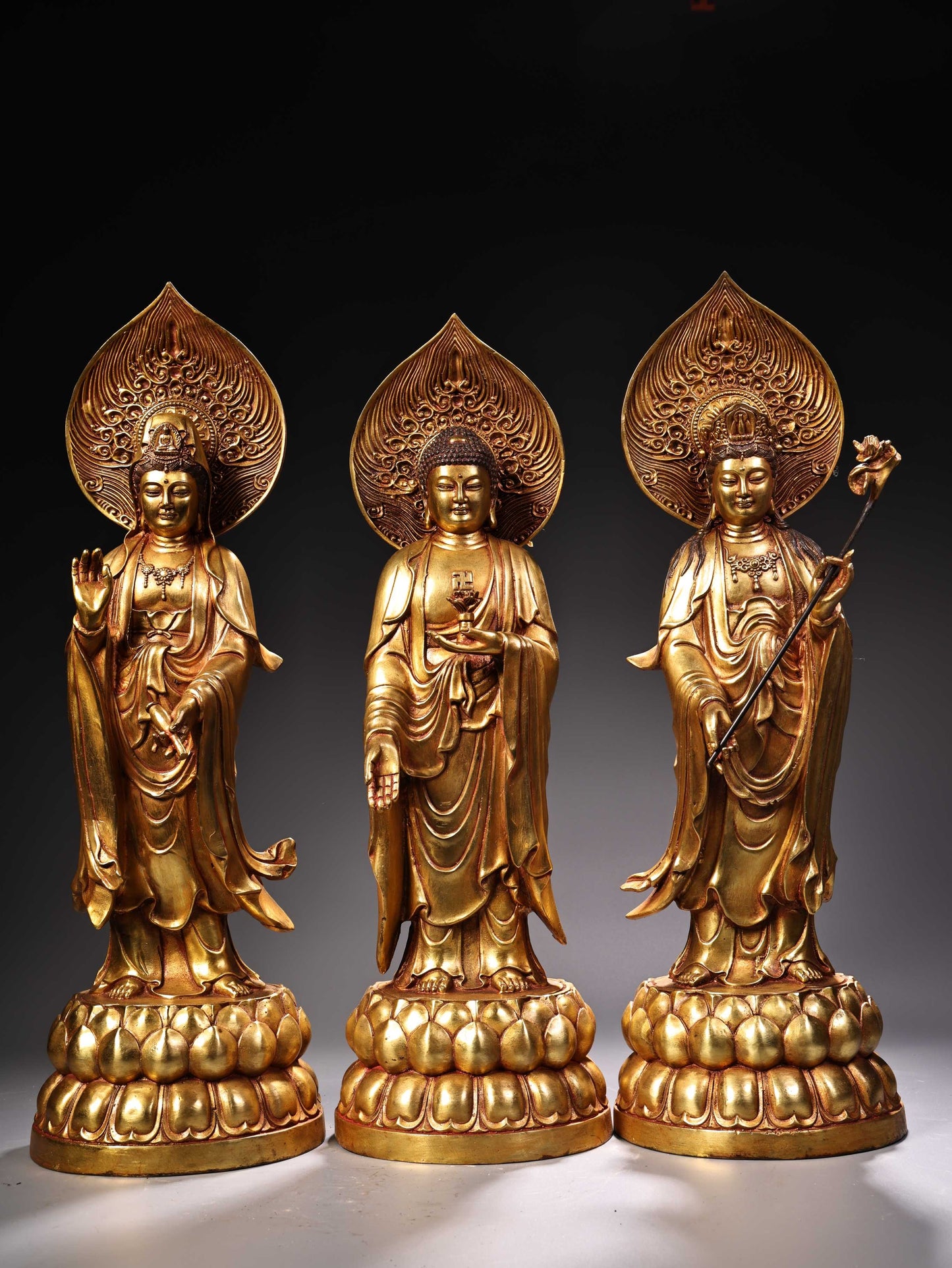 A1226 A Set Chinese Gilt Gold Copper Kwan-yin & Buddha Statues