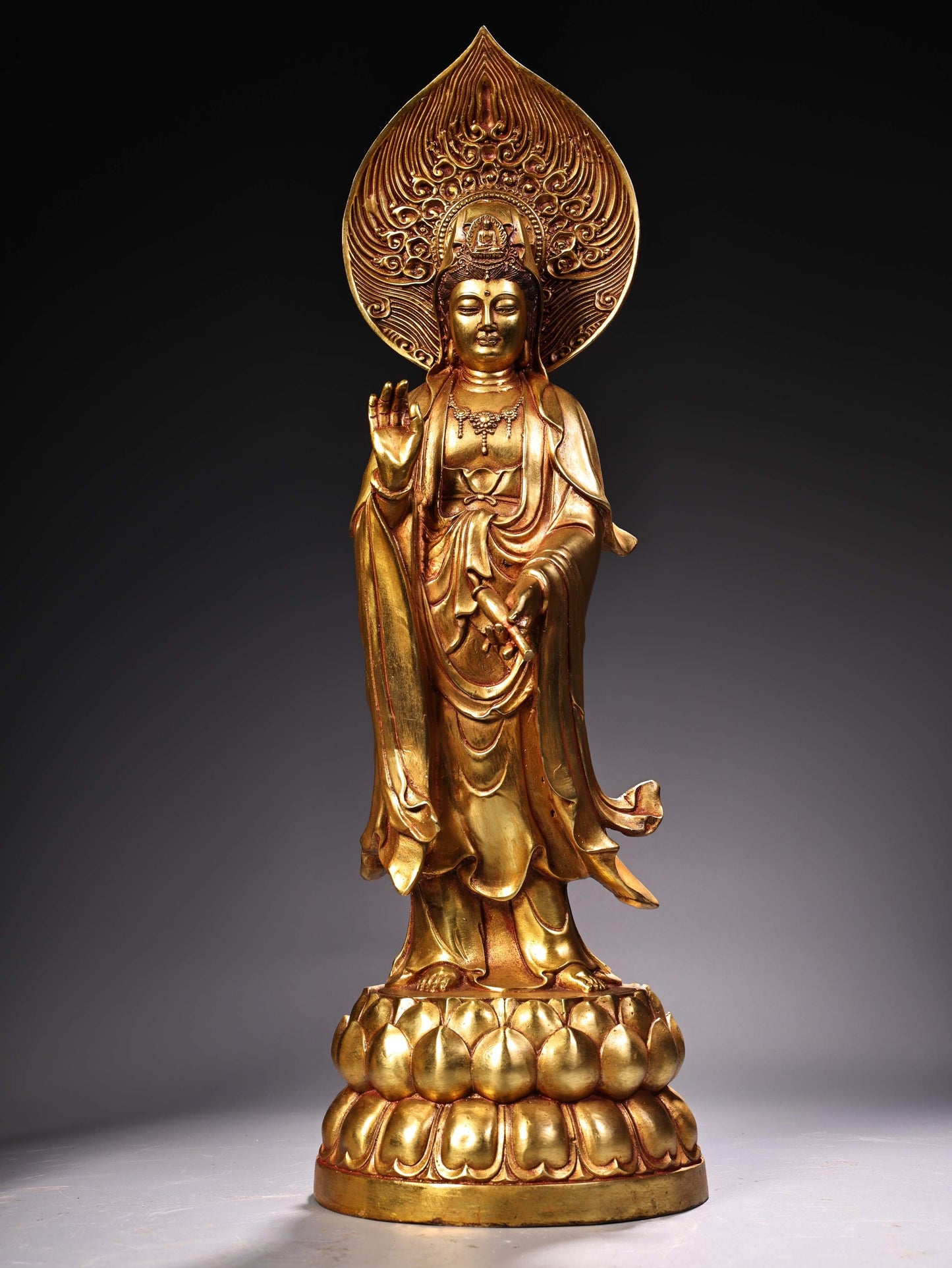 A1226 A Set Chinese Gilt Gold Copper Kwan-yin & Buddha Statues
