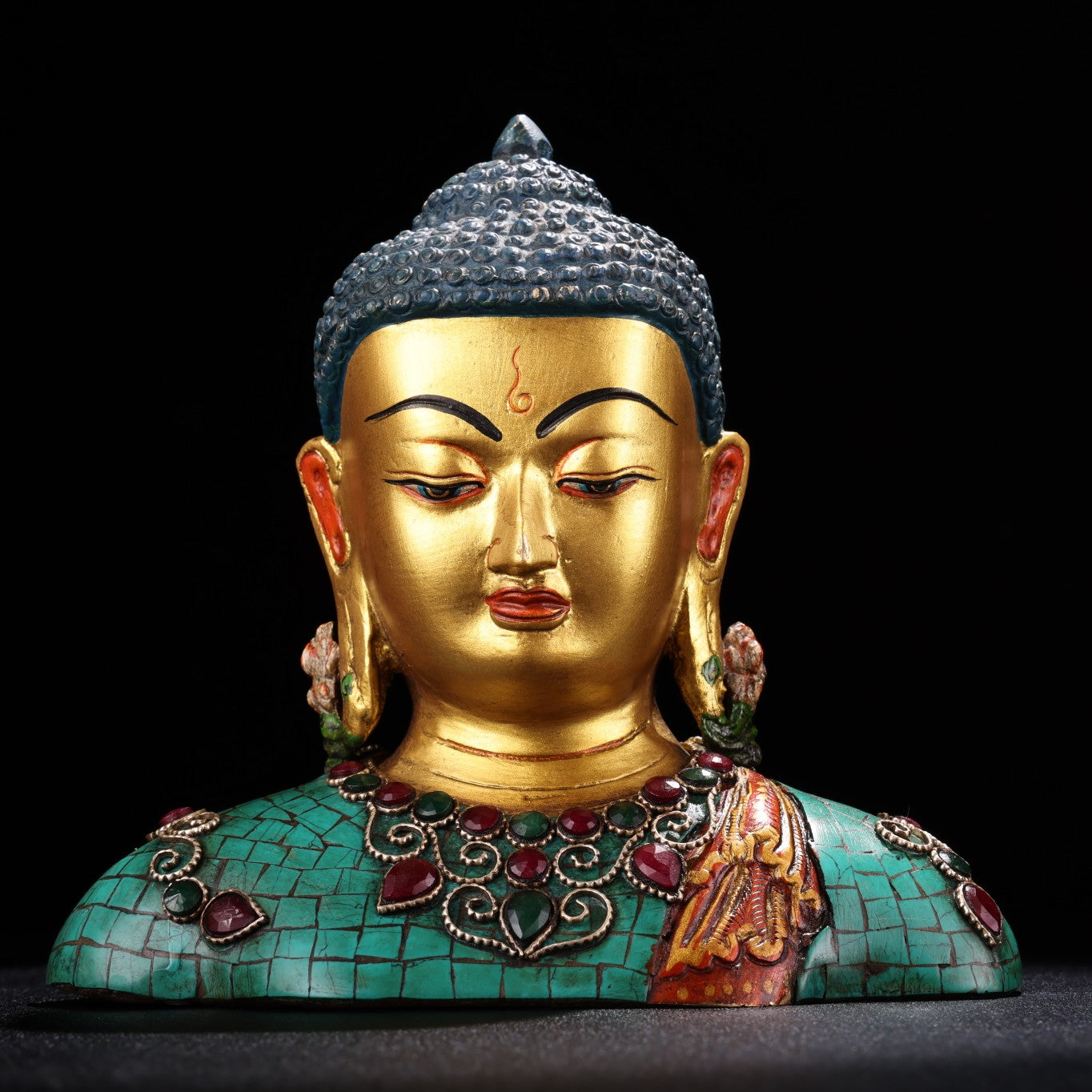 A1230 Tibetan Buddhism Gilt Gold Copper Inlay Turquoise & Gems Buddha Statue