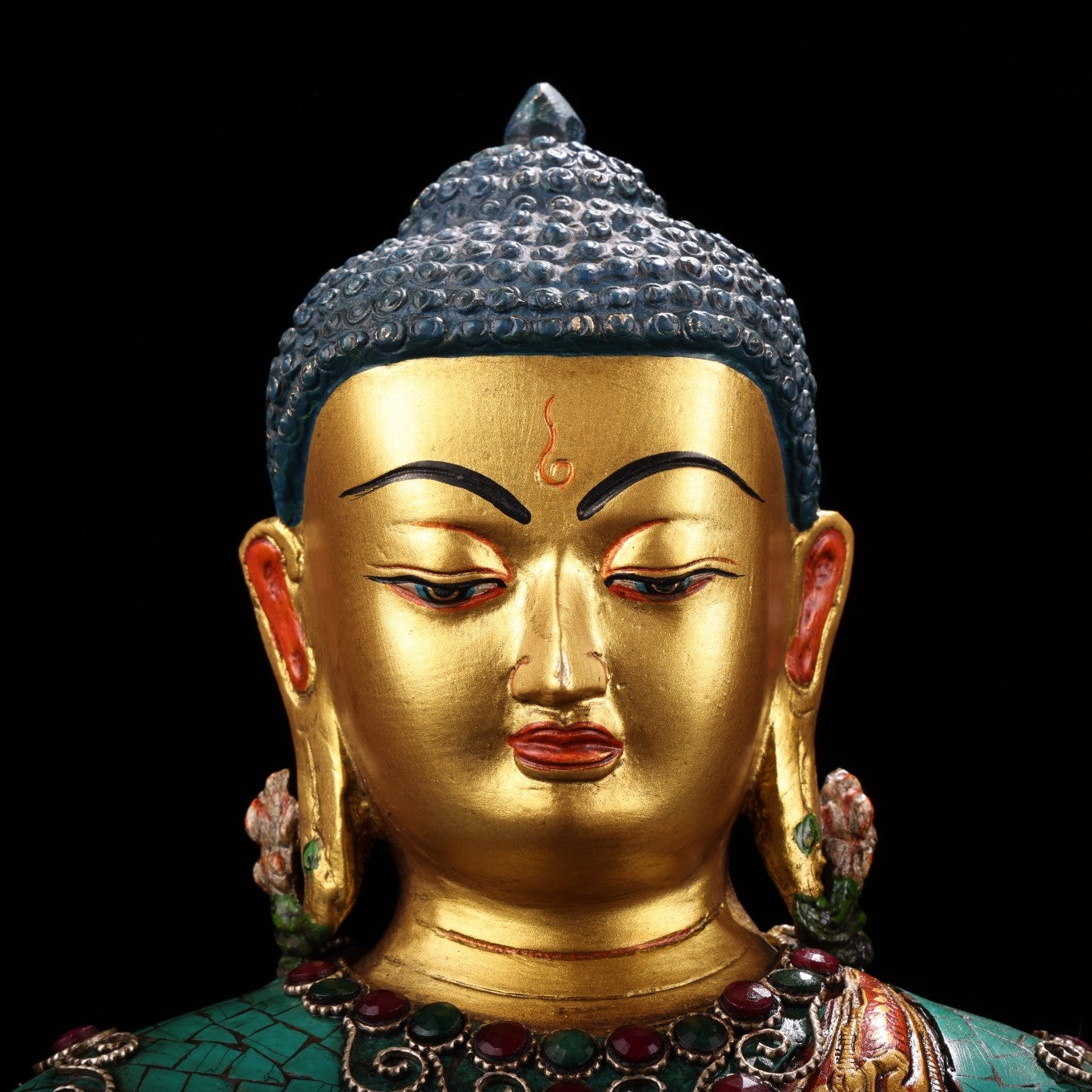 A1230 Tibetan Buddhism Gilt Gold Copper Inlay Turquoise & Gems Buddha Statue