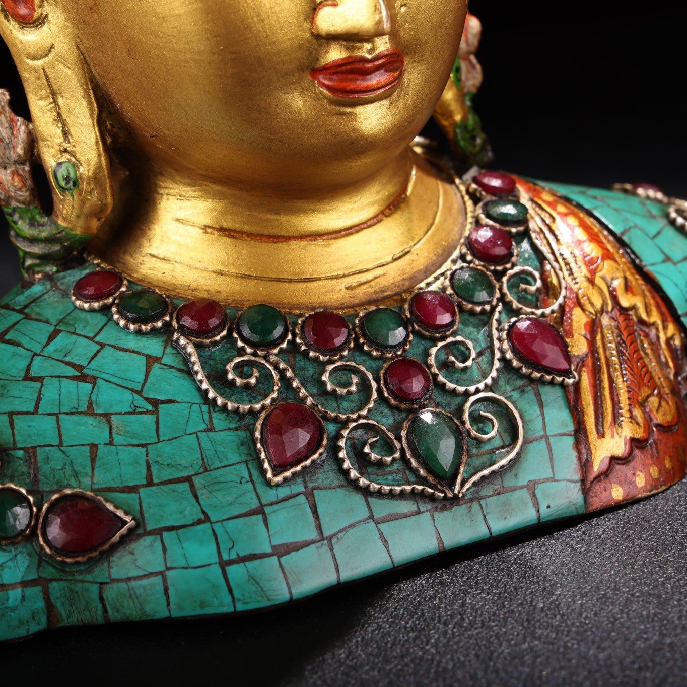 A1230 Tibetan Buddhism Gilt Gold Copper Inlay Turquoise & Gems Buddha Statue