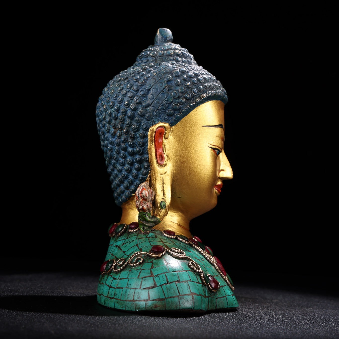 A1230 Tibetan Buddhism Gilt Gold Copper Inlay Turquoise & Gems Buddha Statue