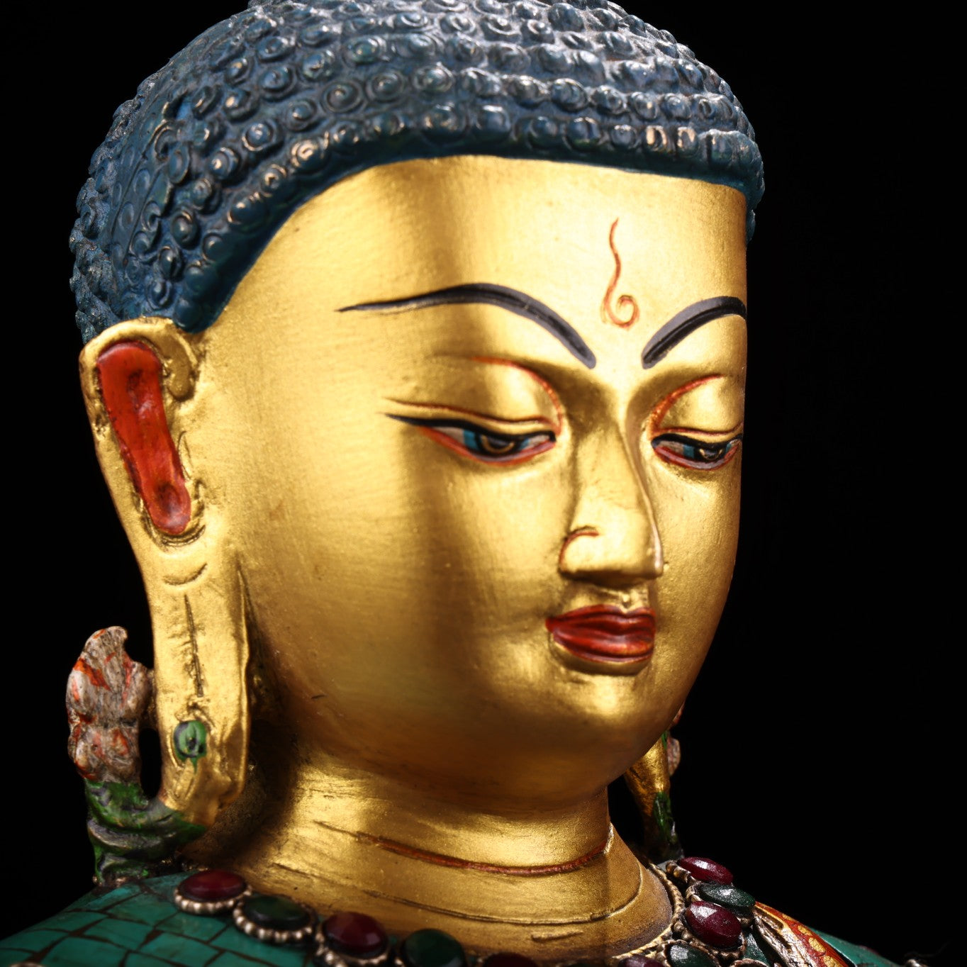 A1230 Tibetan Buddhism Gilt Gold Copper Inlay Turquoise & Gems Buddha Statue