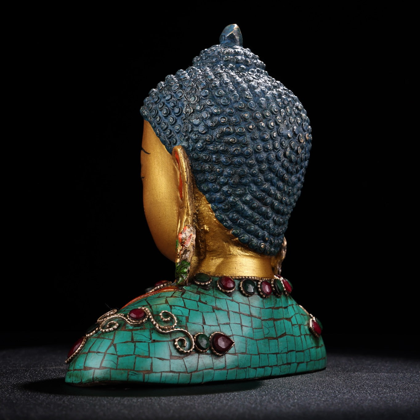 A1230 Tibetan Buddhism Gilt Gold Copper Inlay Turquoise & Gems Buddha Statue