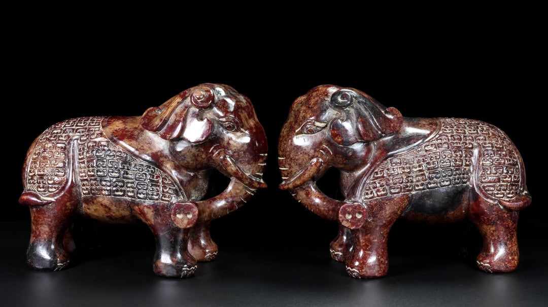 A1233 A Pair Vintage Chinese Hetian Jade Carved Elephant Statue