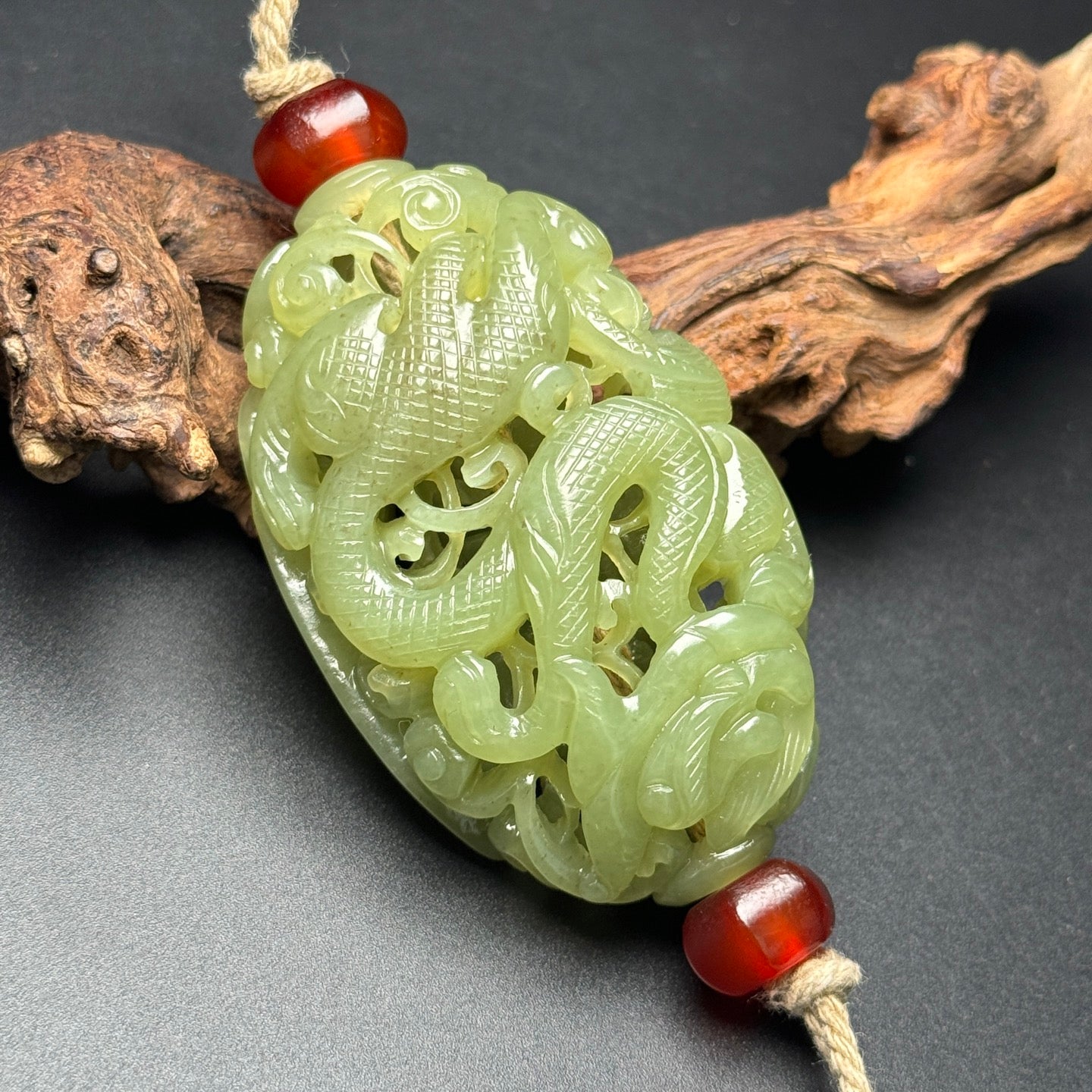A1235 Openwork Chinese Hetian Jade Carved Fortune Dragon Sachet Pendant